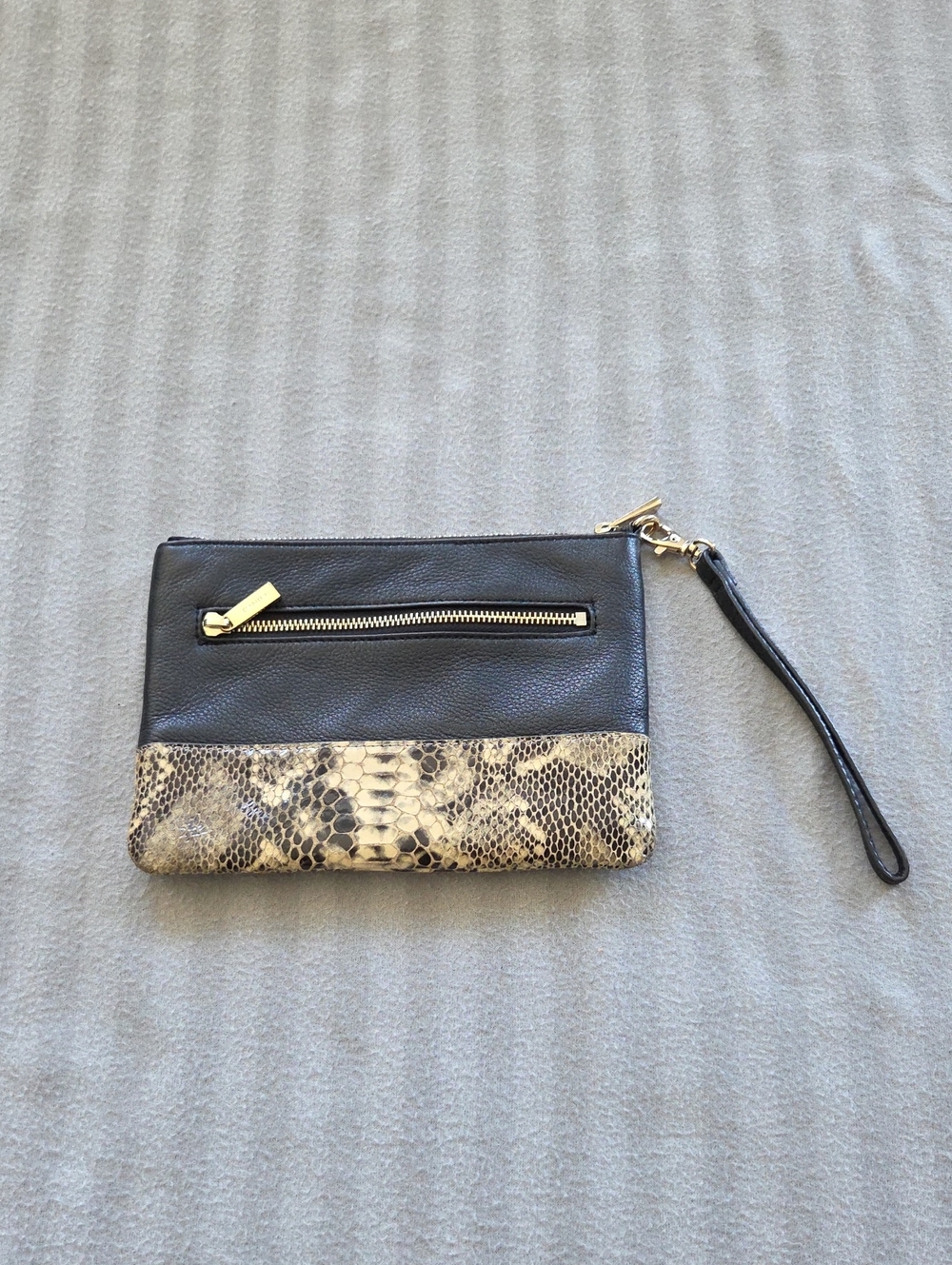 Danier Black and Cream Leather Wristlet Clutch with Snake-Print Trim